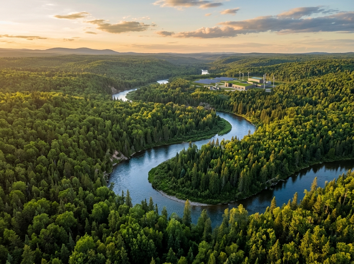 Vista aérea de floresta e rio, representando o compromisso ambiental da Duoquim
